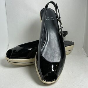 Stuart Weitzman Black Patent Platform Wedge Slingback Sandals Size 9